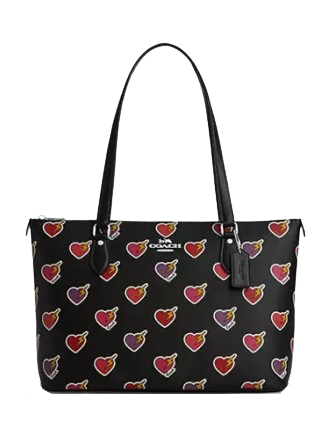 Coach Gallery Tote Bag With Heart Bolt Print Black