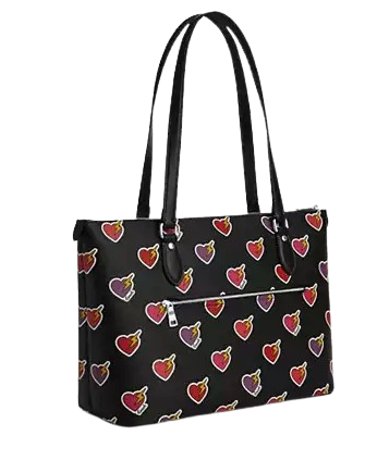 Coach Gallery Tote Bag With Heart Bolt Print Black