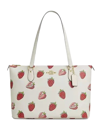 Coach Gallery Tote Bag With Strawberry Print  Chalk 