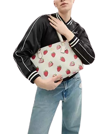 Coach Gallery Tote Bag With Strawberry Print  Chalk 