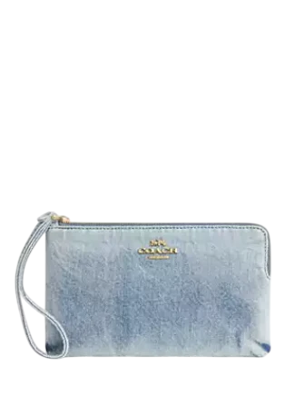 Coach Large Corner Zip Wristlet In Loved Denim Light Indigo