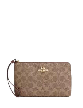 Coach Large Corner Zip Wristlet In Signature Canvas Tan Brown 