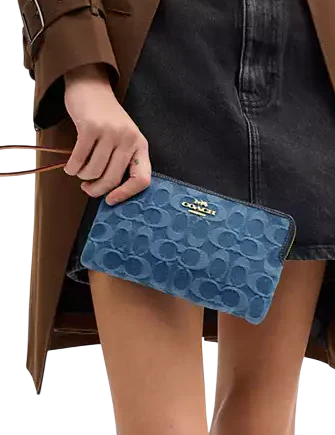 Coach Large Corner Zip Wristlet In Signature Denim Indigo