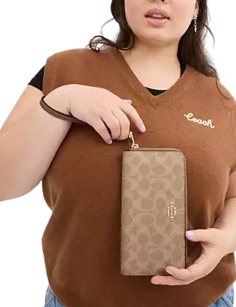 Coach Long Zip Around Wallet In Signature Canvas Tan Brown