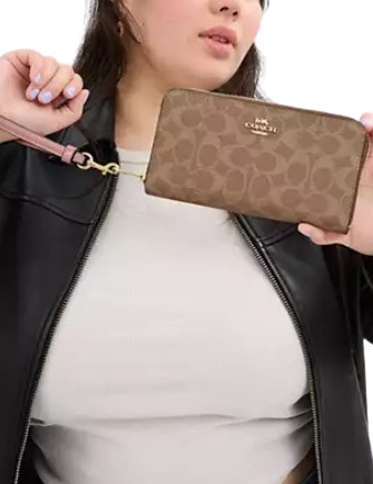 Coach Long Zip Around Wallet In Signature Canvas Tan Pink Petal