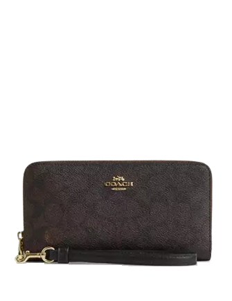 Coach Long Zip Around Wallet In Signature Canvas Walnut Black