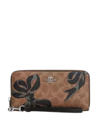 Coach Long Zip Around Wallet In Signature Canvas With Bow Print Tan Black