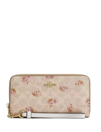 Coach Long Zip Around Wallet In Signature Canvas With Floral Print Sand