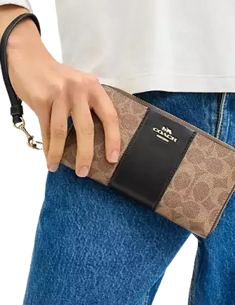 Coach Long Zip Around Wallet In Signature Canvas With Stripe Tan Black