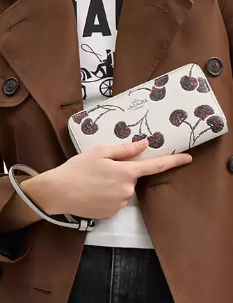 Coach Long Zip Around Wallet With Cherry Print Chalk