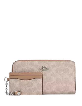 Coach Long Zip Around Wallet With Detachable Card Case In Signature Canvas Sand Taupe