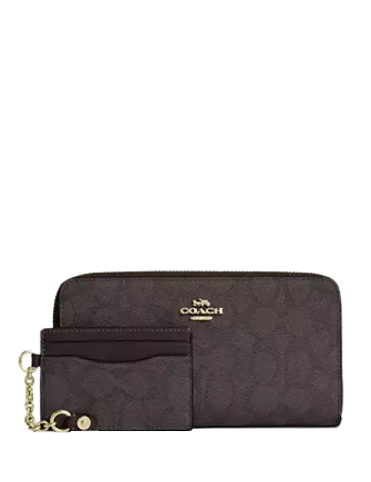 Coach Long Zip Around Wallet With Detachable Card Case In Signature Canvas Walnut Black