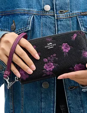 Coach Long Zip Around Wallet With Floral Print Black Purple
