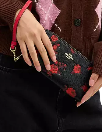 Coach Long Zip Around Wallet With Floral Print Black Red