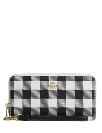 Coach Long Zip Around Wallet With Gingham Print Black White