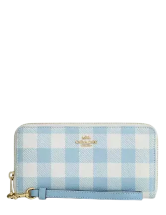 Coach Long Zip Around Wallet With Gingham Print Blue White