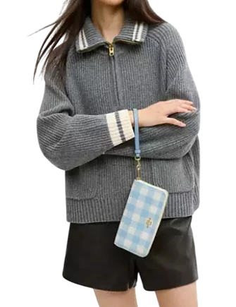 Coach Long Zip Around Wallet With Gingham Print Blue White