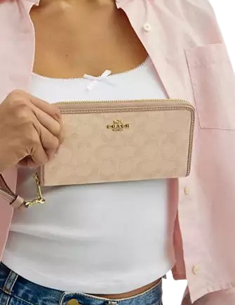 Coach Long Zip Around Wallet With Signature Canvas  Dark Natural 
