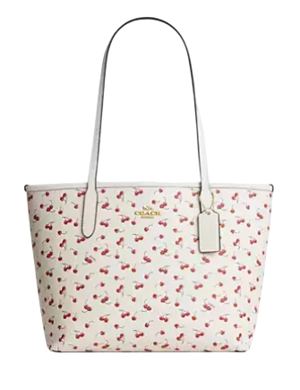 Coach Medium City Tote Bag With Cherry Print Chalk