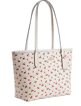 Coach Medium City Tote Bag With Cherry Print Chalk