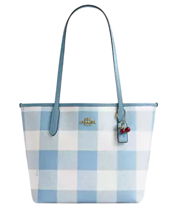 Coach Medium City Tote Bag With Gingham Print And Charm Blue