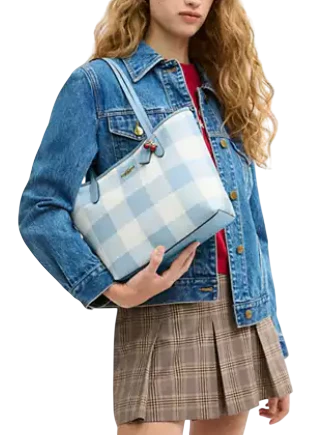 Coach Medium City Tote Bag With Gingham Print And Charm Blue