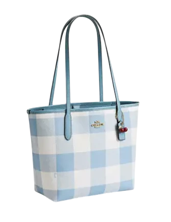 Coach Medium City Tote Bag With Gingham Print And Charm Blue