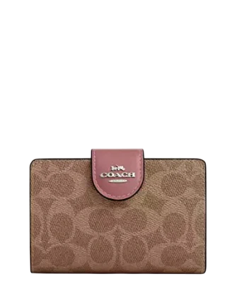 Coach Medium Corner Zip Wallet In Signature Canvas Tan Dusty Pink