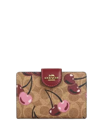 Coach Medium Corner Zip Wallet In Signature Canvas With Cherry Print Tan
