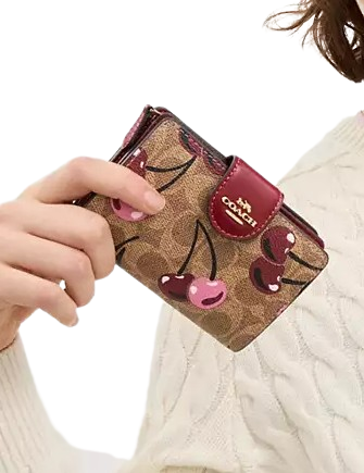 Coach Medium Corner Zip Wallet In Signature Canvas With Cherry Print Tan