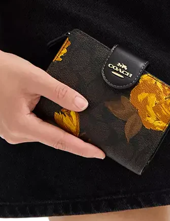 Coach Medium Corner Zip Wallet In Signature Canvas With Floral Print Brown Yellow