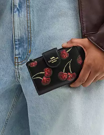 Coach Medium Corner Zip Wallet With Cherry Print Black