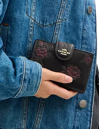 Coach Medium Corner Zip Wallet With Floral Print Black WIne