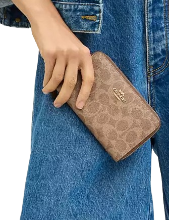 Coach Medium Id Zip Wallet In Signature Canvas Tan Brown