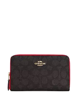 Coach Medium Id Zip Wallet In Signature Canvas Walnut Bold Red