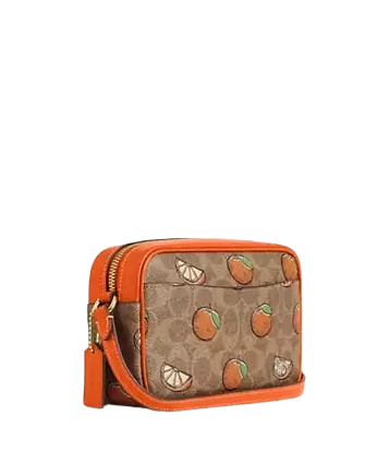Coach Mini Jamie Camera Bag In Signature Canvas With Orange Print Tan