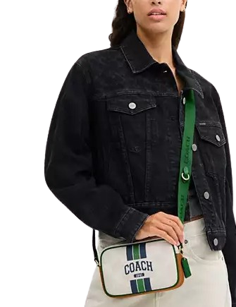 Coach Mini Jamie Camera Bag In Signature Canvas With Varsity Stripe  Chalk Kelly 