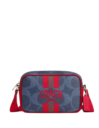 Coach Mini Jamie Camera Bag In Signature Canvas With Varsity Stripe Denim Bold Red