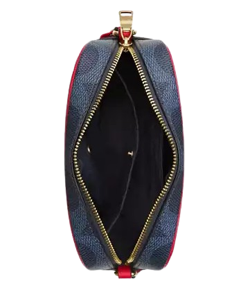Coach Mini Jamie Camera Bag In Signature Canvas With Varsity Stripe Denim Bold Red