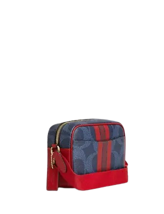 Coach Mini Jamie Camera Bag In Signature Canvas With Varsity Stripe Denim Bold Red