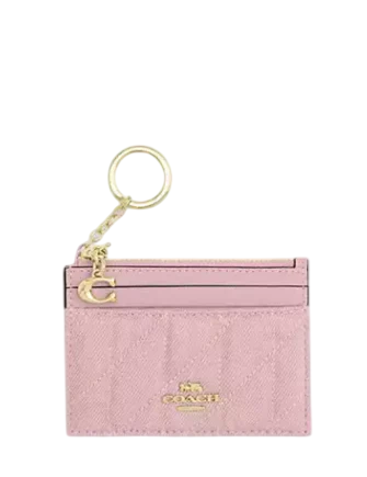 Coach Mini Skinny Id Case In Loved Denim With Quilting And Charm Light Pink