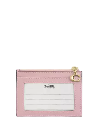 Coach Mini Skinny Id Case In Loved Denim With Quilting And Charm Light Pink