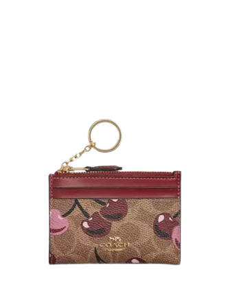 Coach Mini Skinny Id Case In Signature Canvas With Cherry Print Tan
