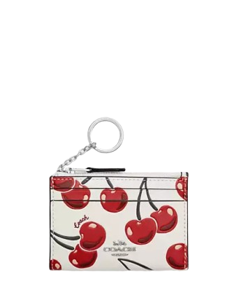Coach Mini Skinny Id Case With Cherry Print Chalk