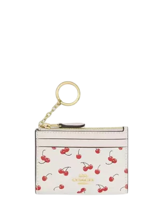 Coach Mini Skinny Id Case With Cherry Print Chalk