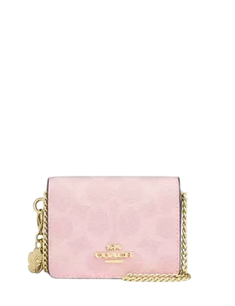 Coach Mini Wallet On A Chain In Signature Canvas With Charms Powder Pink