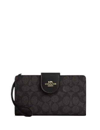 Coach Phone Wallet In Signature Canvas Walnut Black