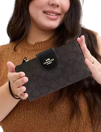 Coach Phone Wallet In Signature Canvas Walnut Black