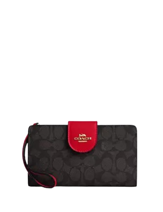 Coach Phone Wallet In Signature Canvas Walnut Bold Red