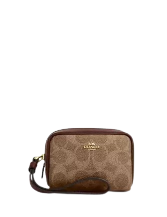 Coach Pouch Wristlet In Signature Canvas Tan Brown 